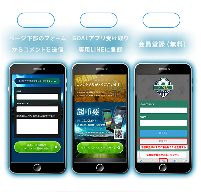 ページ下部のフォームからコメントを送信⇒GOALアプリ受け取り専用LINEに登録⇒会員登録（無料）